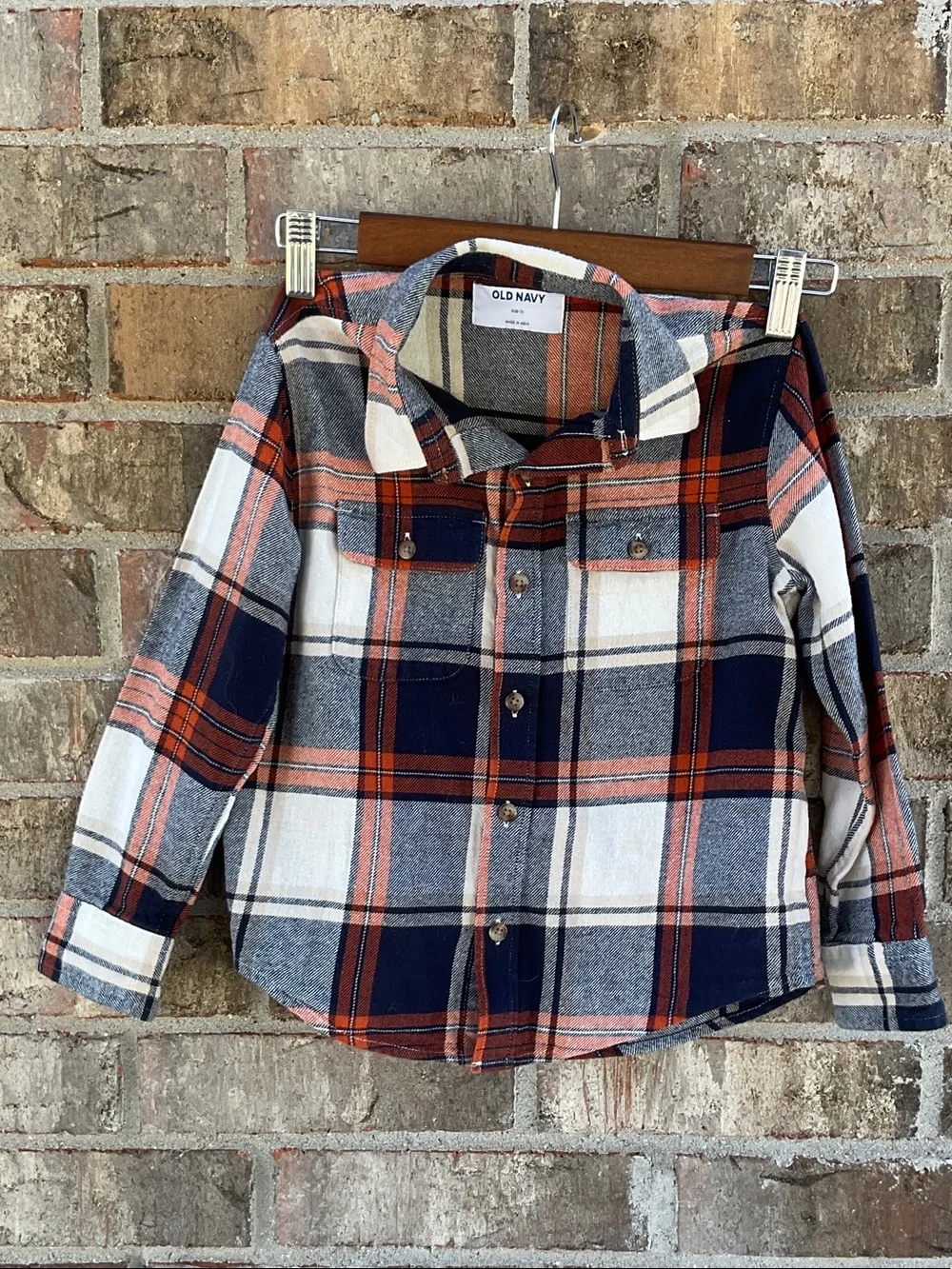 Take 50% OFF- Old Navy Boys Navy, Rust & Cream Plaid Button-Down Shirt,Size-6